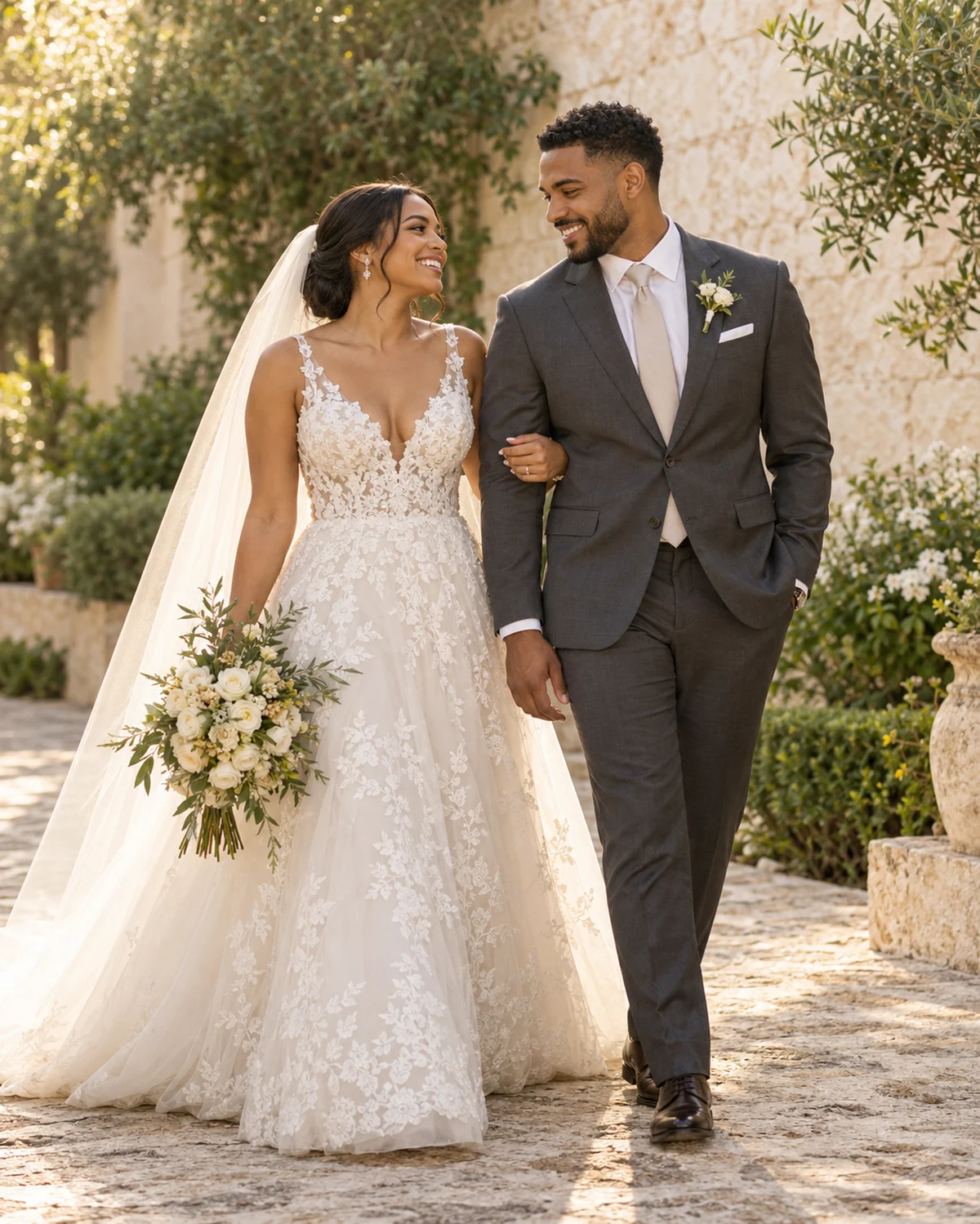 Pareja de novios compartiendo un momento alegre en un jardín; imagen ilustrativa