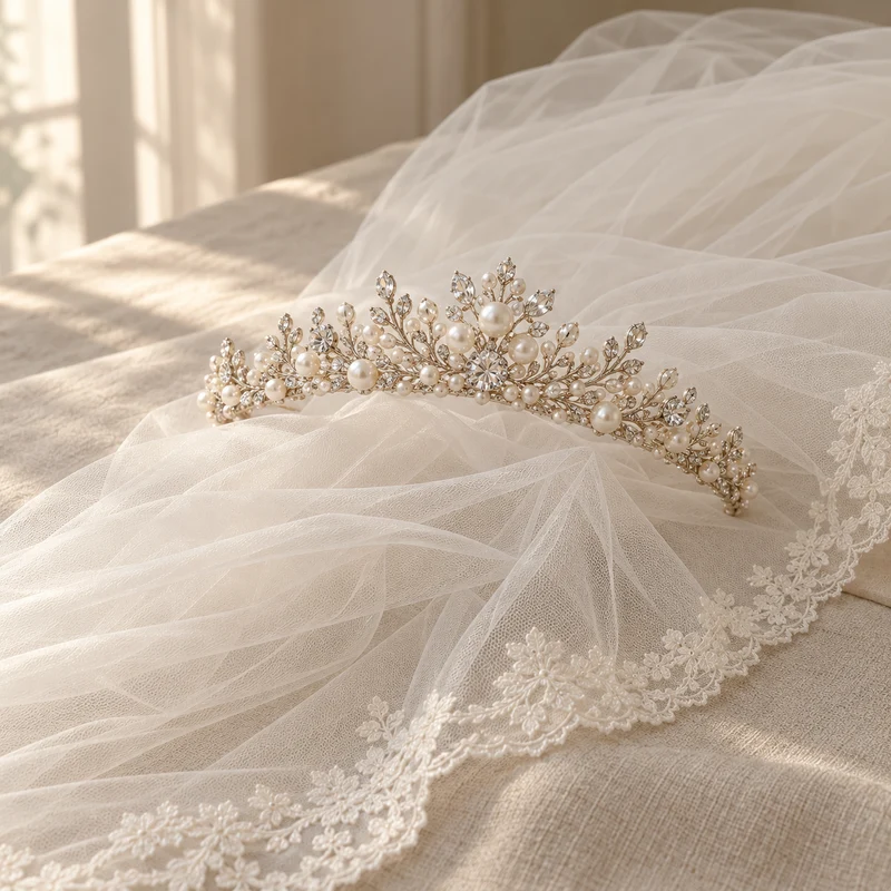Tiara de perlas y cristales sobre un velo de tul con encaje
